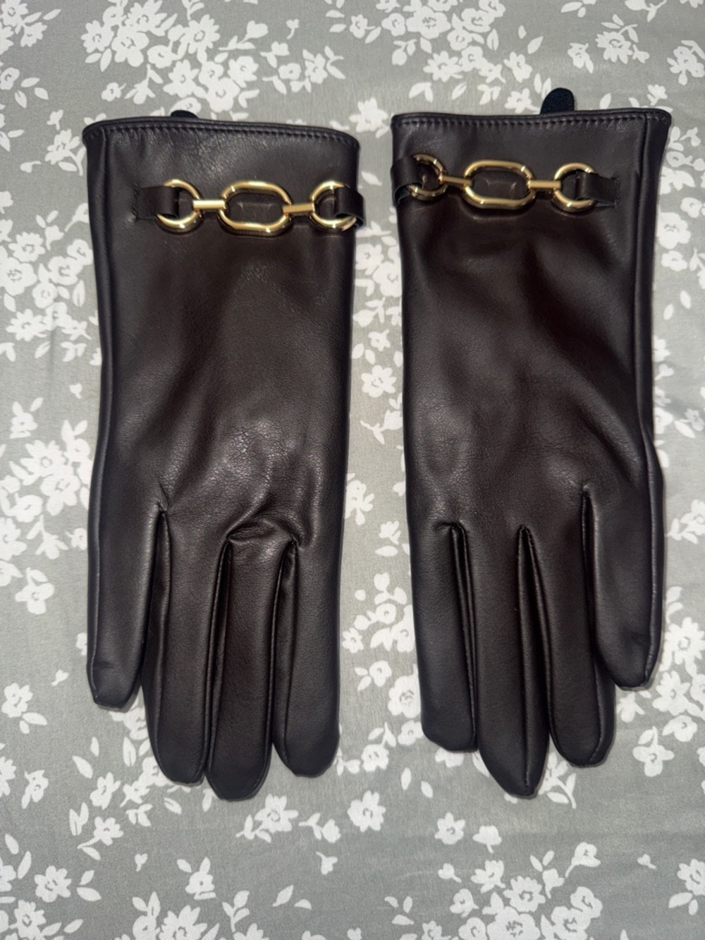 Women's Black Leather Gloves with Gold Chain Accent